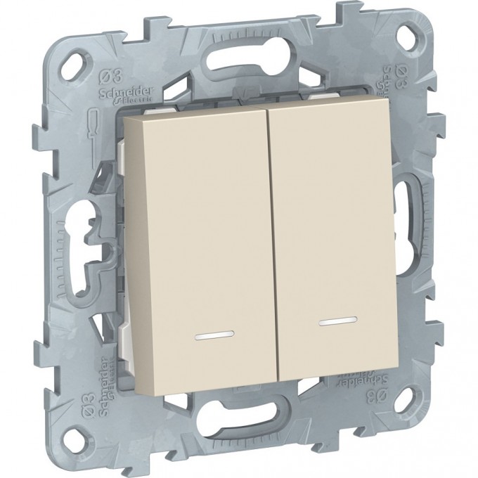 Переключатель 2-клавишный SCHNEIDER ELECTRIC UNICA NEW, 2 модуля, с подсветкой, 2 х сх. 6а, бежевый NU521344N