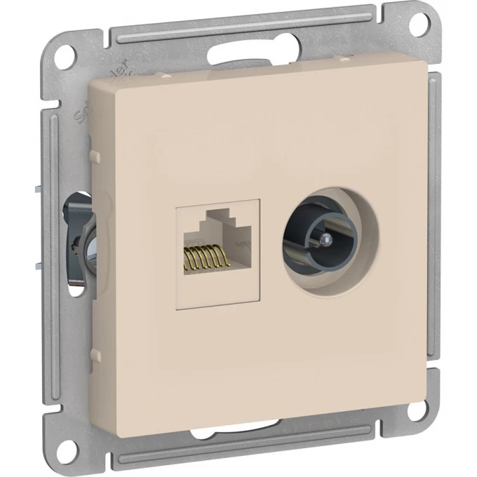 Розетка двойная SCHNEIDER ELECTRIC ATLASDESIGN ТВ + компьютерная RJ45, кат. 5Е, бежевый ATN000289 Розетка двойная SCHNEIDER ELECTRIC ATLASDESIGN ТВ + компьютерная RJ45, кат. 5Е, бежевый ATN000289