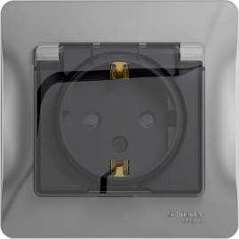 Розетка SCHNEIDER ELECTRIC GLOSSA с заземлением, IP44, со шторкой, с крышкой, в сборе, алюминий