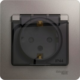 Розетка SCHNEIDER ELECTRIC GLOSSA с заземлением, IP44, со шторкой, с крышкой, в сборе, платина