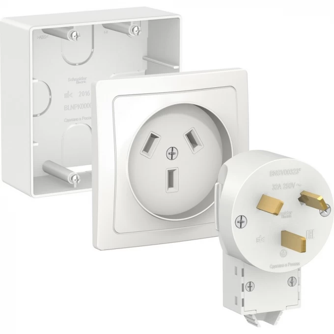 Силовой комплект SCHNEIDER ELECTRIC BLANCA 32 А, 250 В: розетка, вилка, подъемная коробка, БЕЛЫЙ BLNSK003231
